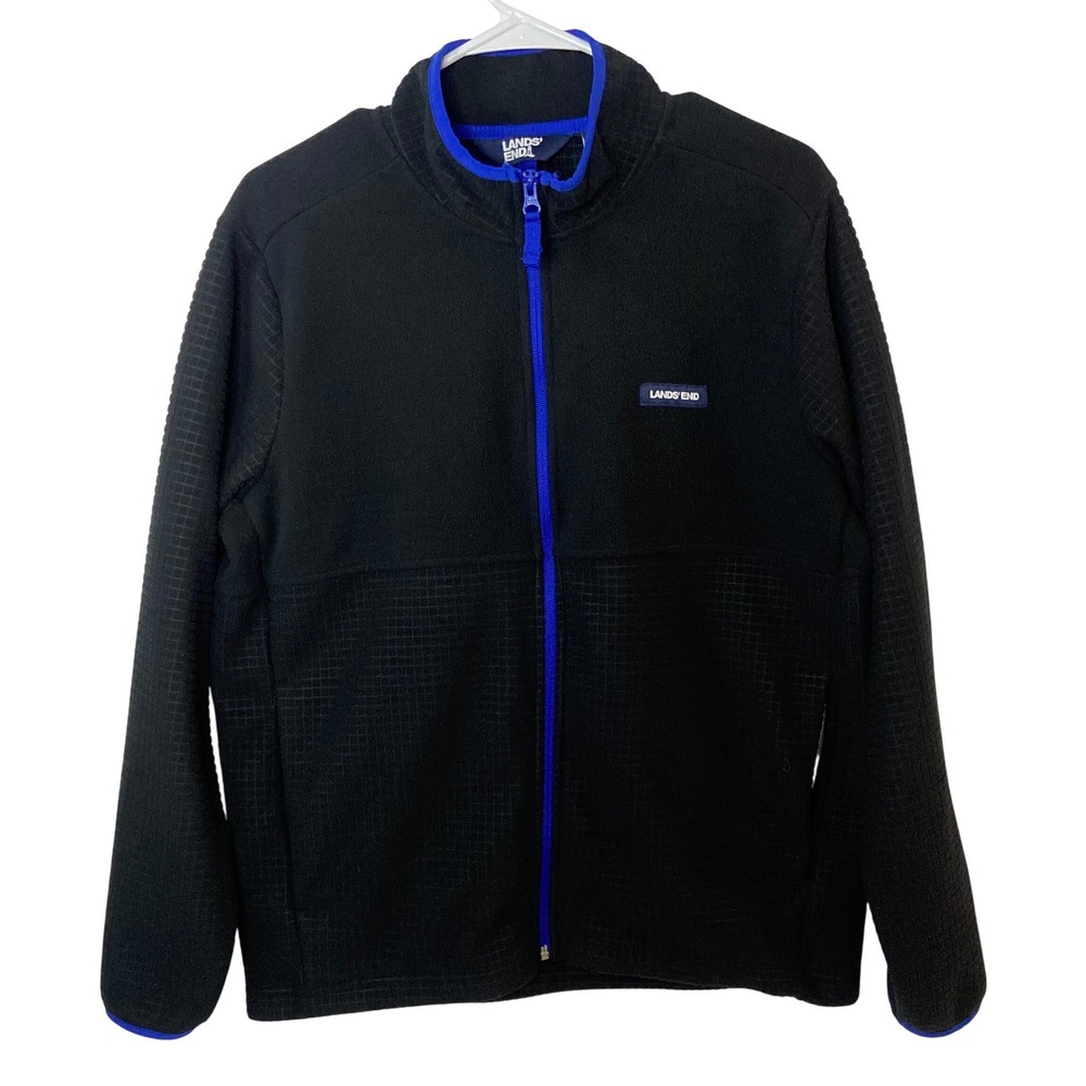 Lands End Black Fleece Jacket Mens Size Medium Zip Up Blue Trim Textured